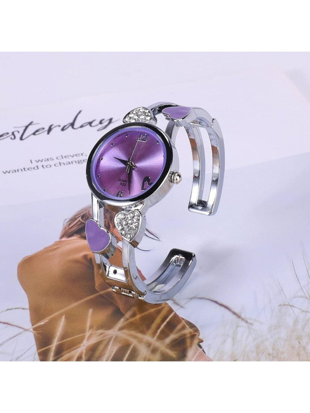 Women's Purple Quartz with Rhinestone Round Dial Stainless Steel Band Cuff Watch - Picture 3 of 5